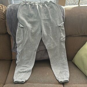 Gray sweatpants. Stretchy, fits like a medium/large.